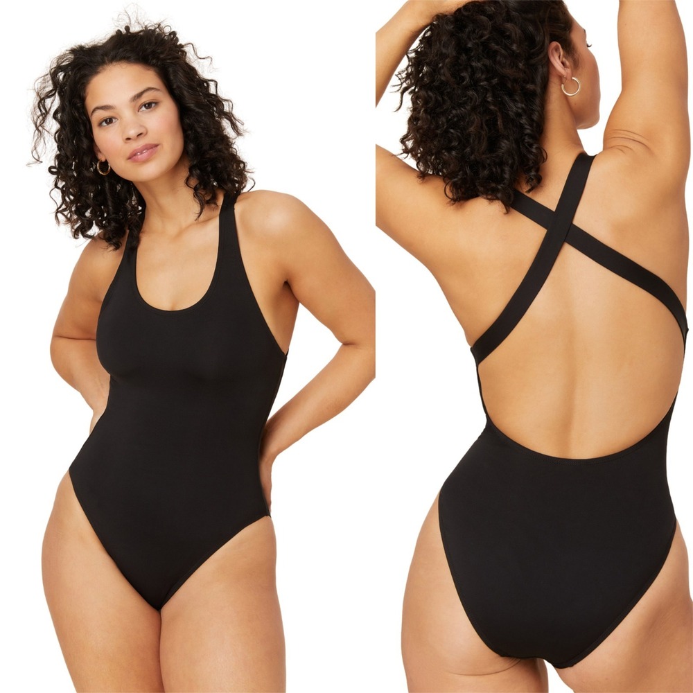 Andie One Piece Swimsuit Black Criss Cross Open Back Scoop Neck Womens Large - Picture 11 of 12